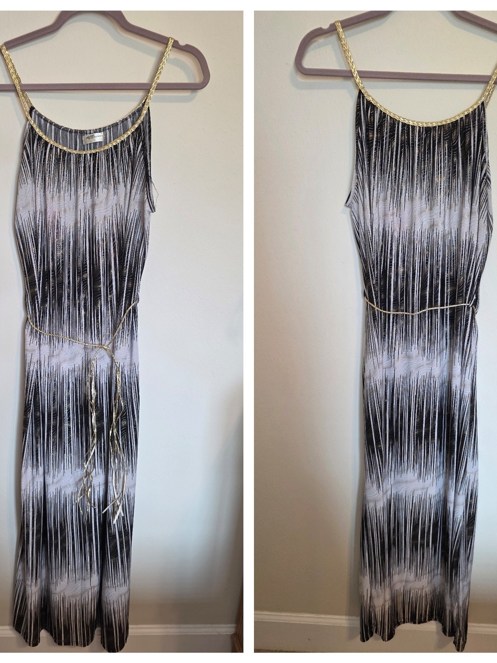 Black and White Maxi Dress with Gold Chain Trim
